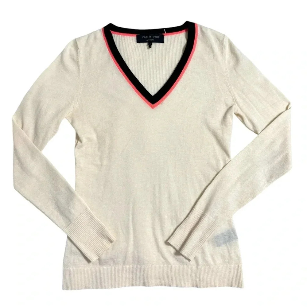 Rag & Bone Cashmere Wool Cream V-Neck Sweater Small Striped Neon Pink Black Neck